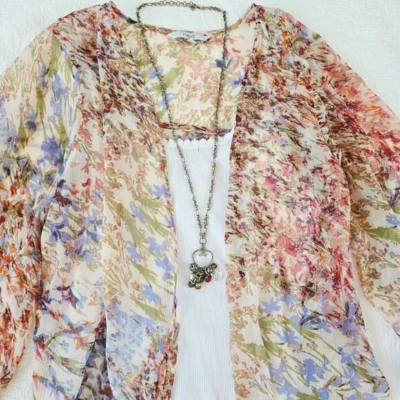 Boho Floral Sheer Kimono Cardigan Open Front Lightweight Layering Top Size 14 - Picture 8 of 13